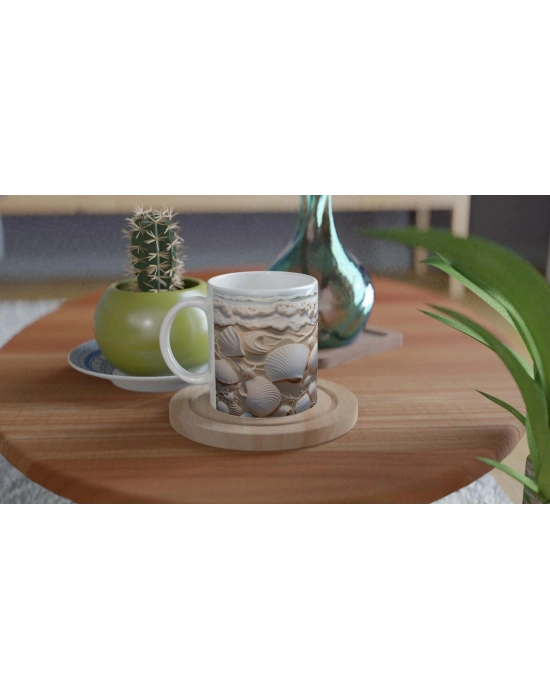 Kumsalda Kabuk ve Deniz Yıldızlarıyla Süslenmiş Su Altı Temalı Kupa Bardak