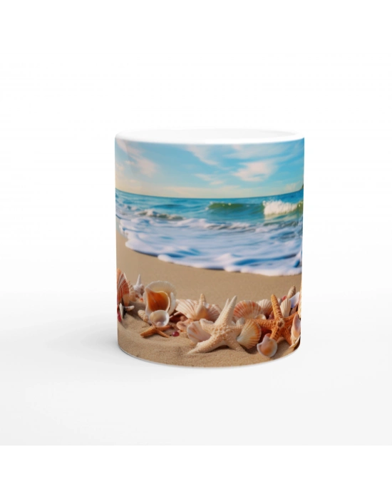 Kumsalda Renkli Kabuklar ve Yıldızlar Su Altı Temalı Kupa Bardak