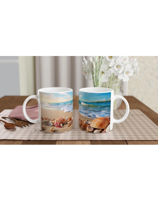 Kumsalda Renkli Kabuklar ve Yıldızlar Su Altı Temalı Kupa Bardak