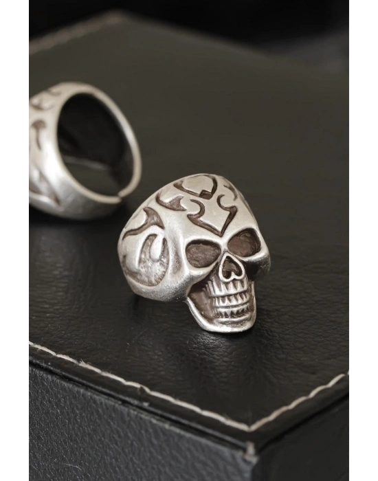 ® Kuru Kafa Tasarımlı Eskitme Gümüş Desenli Ayarlamalı Model Erkek Yüzük