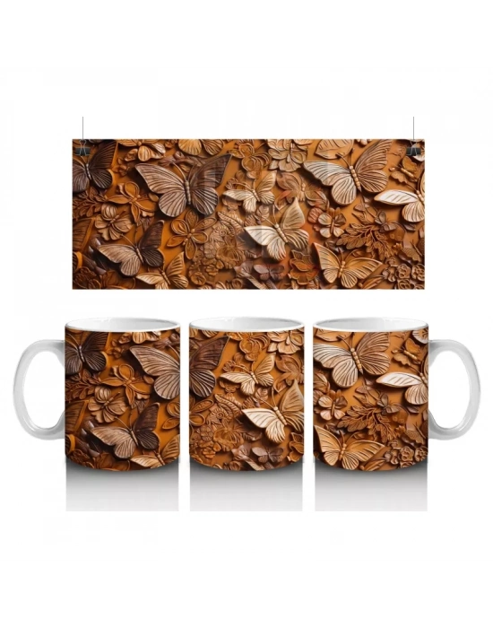 Kurutulmuş Yapraklar Arasında Gerçekçi Kelebek – Baskılı Kahve Kupası