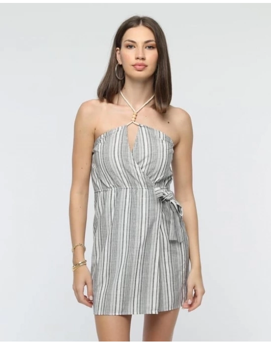 Kuşaklı çizgili mini keten elbise