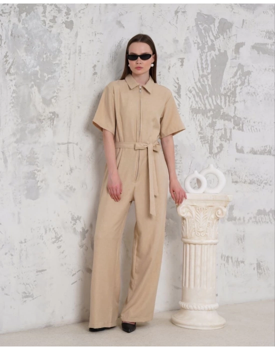 Kuşaklı gömlek yaka salaş tulum bej s255822