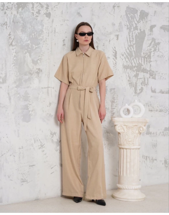 Kuşaklı gömlek yaka salaş tulum bej s255822