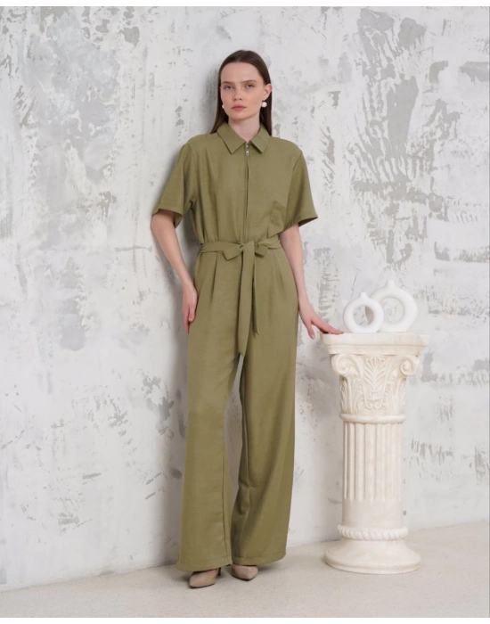 Kuşaklı gömlek yaka salaş tulum haki s255822