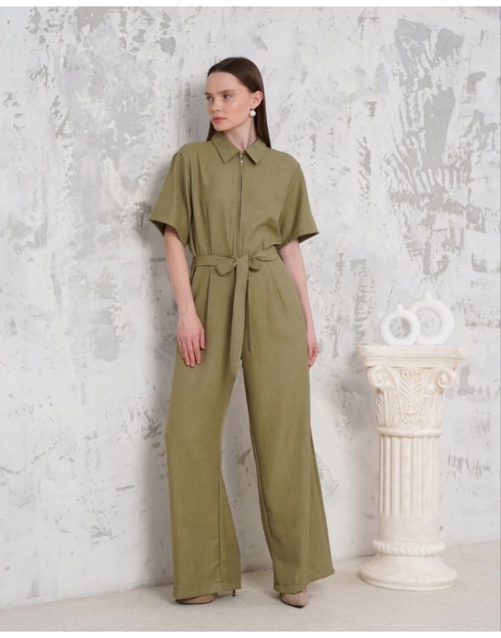 Kuşaklı gömlek yaka salaş tulum haki s255822