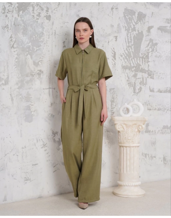 Kuşaklı gömlek yaka salaş tulum haki s255822