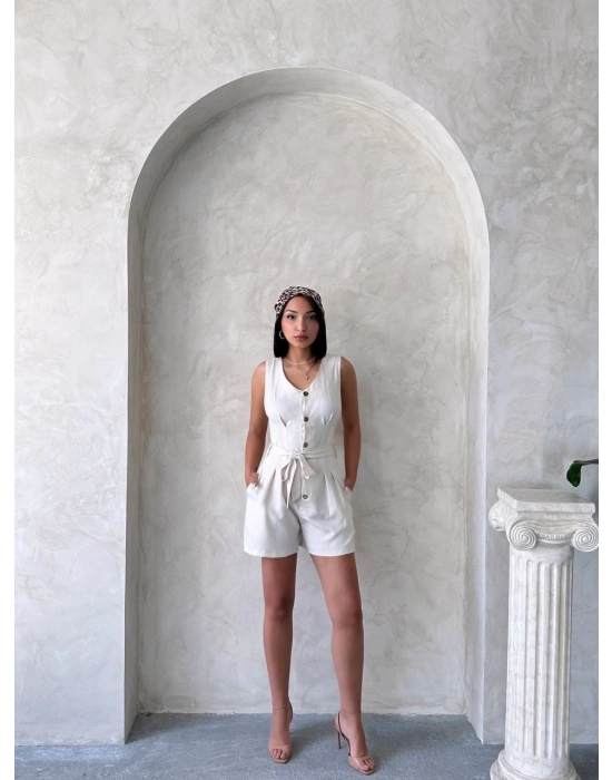 Kuşaklı şortlu tulum