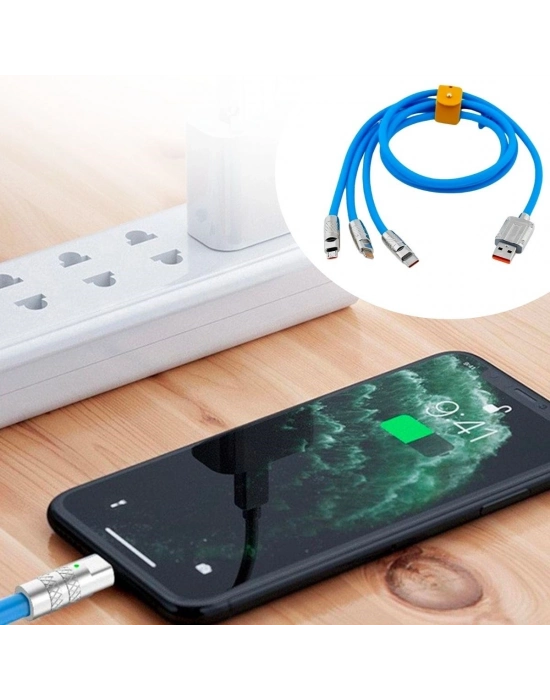® Kutulu  3 Şarj Aleti 1 Arada Çinko Alaşım Hızlı Şarj Kablosu Mavi 3 in 1