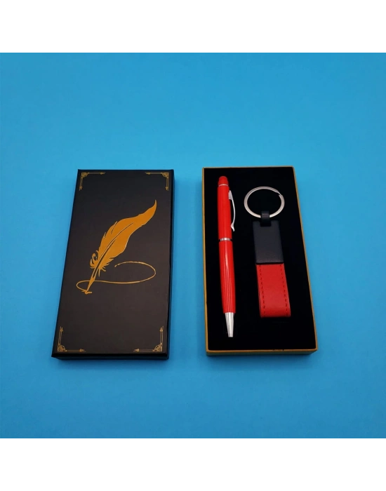 Kutulu Kırmızı Deri Anahtarlık ve Touchpen Tükenmez Kalem Hediye Seti