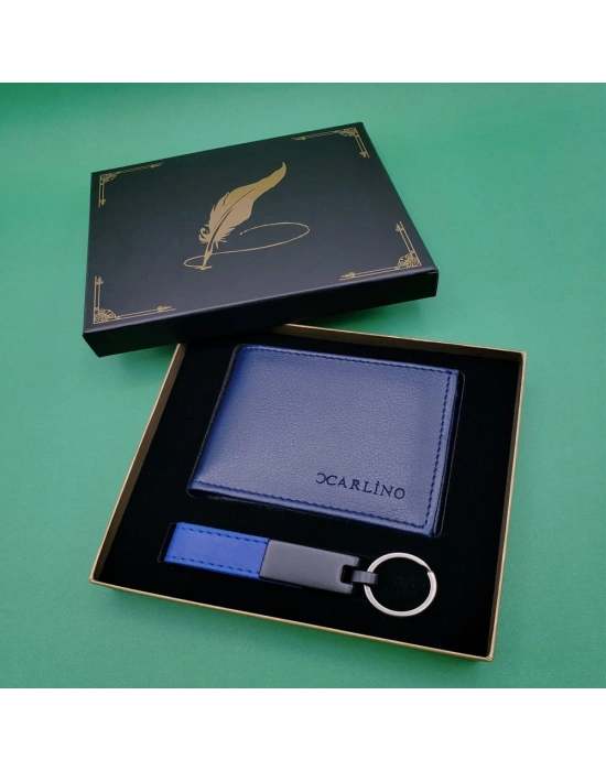 Kutulu Mavi Deri Cüzdan Ve Anahtarlık Seti