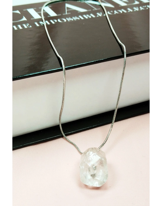 Kuvars Doğal Taşı Zincirli El Yapımı Kolye Uç: 2 cm Zincir: 20 cm Kutulu