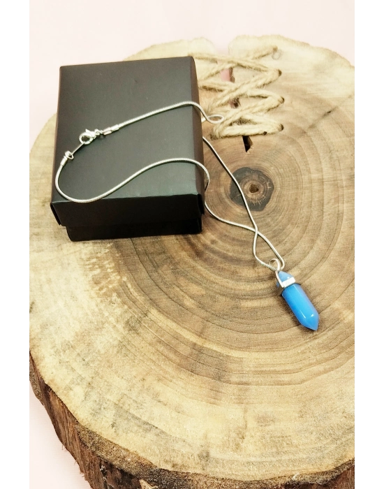 Kyanit Doğal Taşı Zincirli El Yapımı Tasarımlı Kolye Uç: 3,5 cm Zincir: 20 cm Kutulu