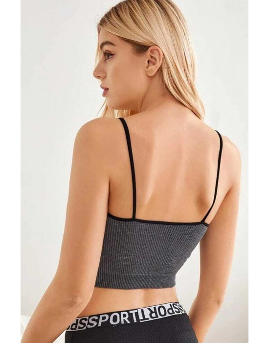 Kadın Anstrasit Gri İp Askılı Crop Top Bluz