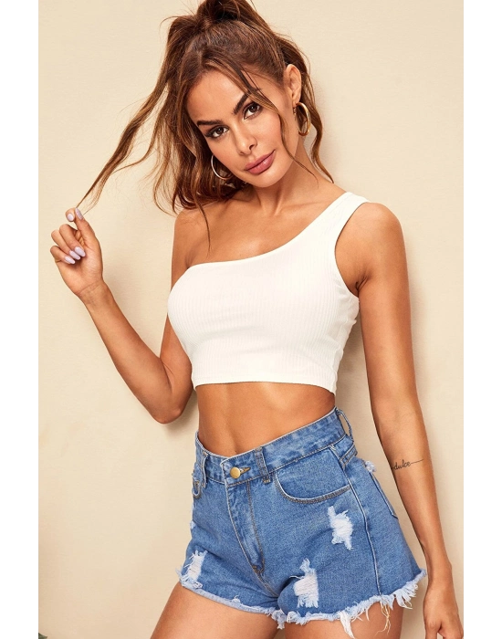 Kadın Beyaz Tek Omuz Crop Büstiyer