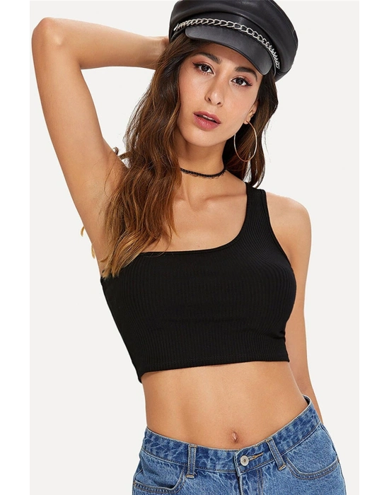 Kadın Siyah Tek Omuz Crop Büstiyer