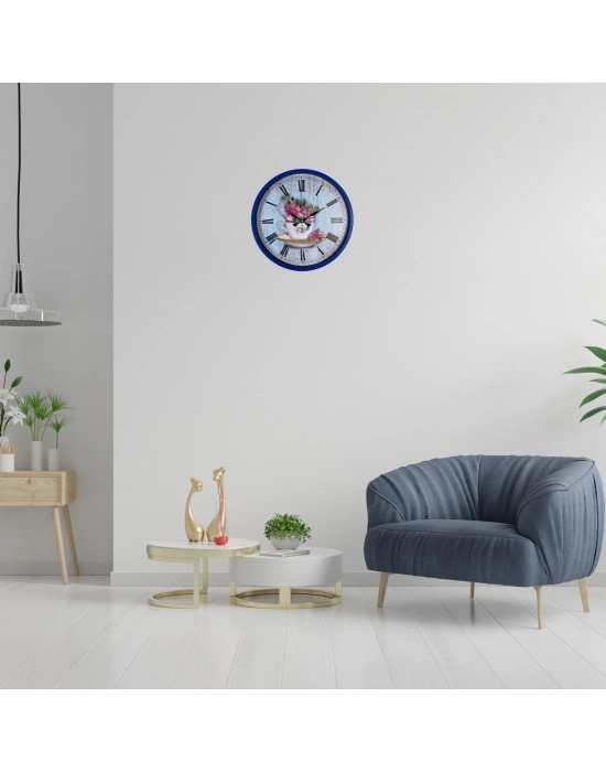 Lacivert Çiçek Desenli 36 Cm Duvar Saati