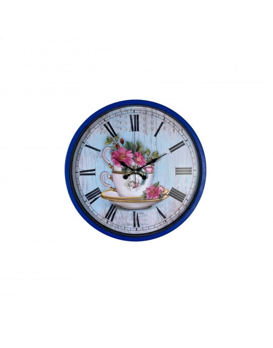 Lacivert Çiçek Desenli 36 Cm Duvar Saati