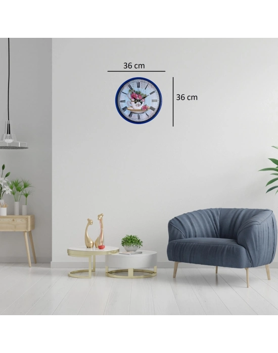 Lacivert Çiçek Desenli 36 Cm Duvar Saati