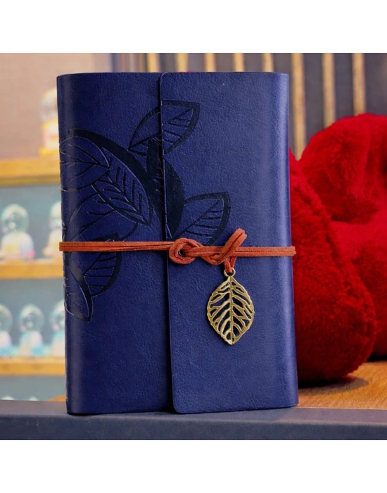 Lacivert Yaprak Desenli Deri Defter