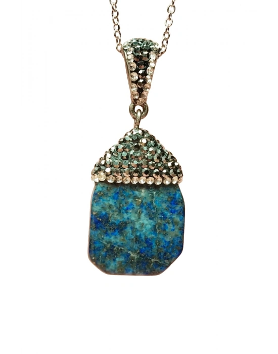 Lapis Doğal Taşı Zincirli El Yapımı Kolye Uç: 3 cm Zincir: 20 cm Kutulu