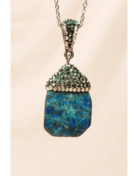 Lapis Doğal Taşı Zincirli El Yapımı Kolye Uç: 3 cm Zincir: 20 cm Kutulu