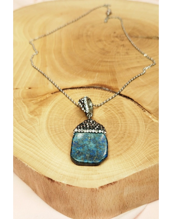 Lapis Doğal Taşı Zincirli El Yapımı Kolye Uç: 3 cm Zincir: 20 cm Kutulu