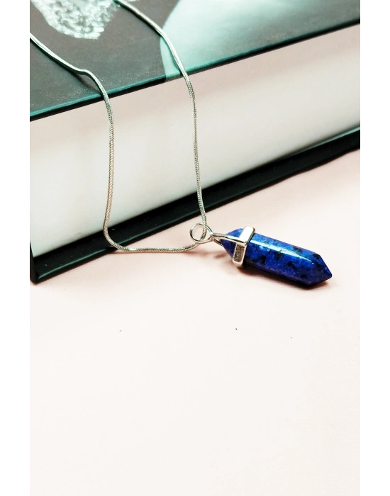 Lapis  Lazuli Doğal Taşı Zincirli El Yapımı Tasarımlı Kolye Uç: 3,5 cm Zincir: 20 cm Kutulu