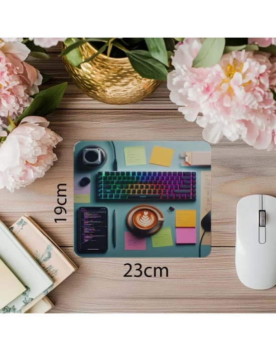 Latte Yanında RGB Klavyeli Mousepad - 19x23 cm 2 mm Dikdörtgen İthal Baskılı Mouse Pad