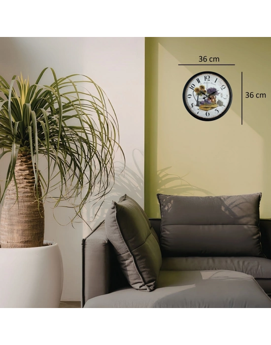 Lavanta Bahçesi Dekoratif Siyah 36 Cm Duvar Saati