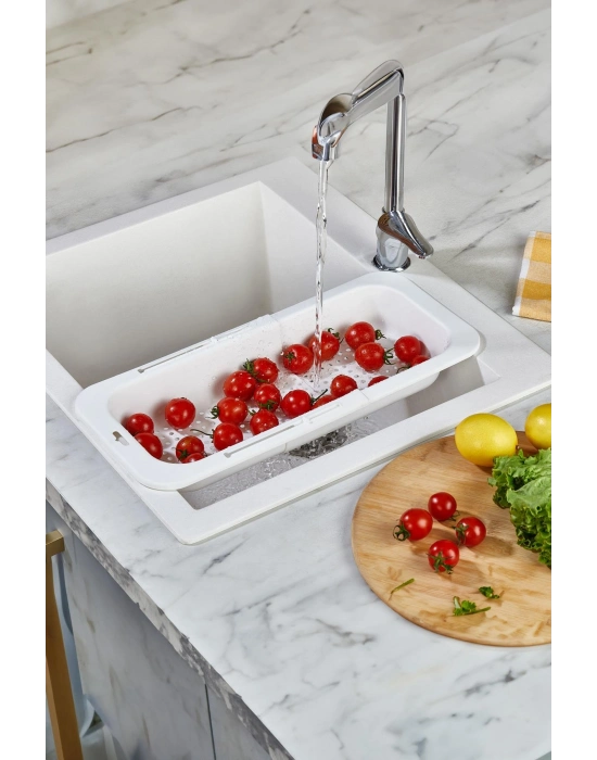 Lavoba İçi Sürgülü Açılır Kapanır Sebze Meyve Süzgeci Beyaz (Açık 38,5 Cm Kapalı 34,50 Cm )