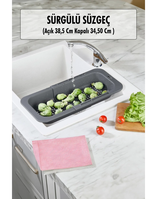 Lavoba İçi Sürgülü Açılır Kapanır Sebze Meyve Süzgeci Füme (Açık 38,5 Cm Kapalı 34,50 Cm )