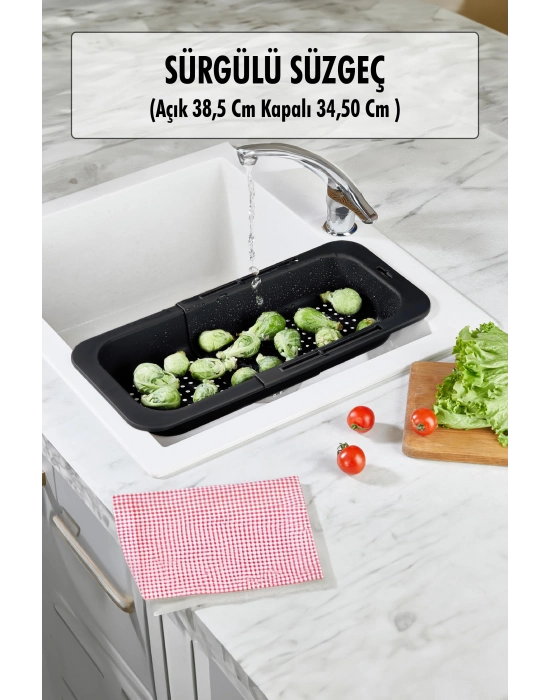 Lavoba İçi Sürgülü Açılır Kapanır Sebze Meyve Süzgeci Siyah (Açık 38,5 Cm Kapalı 34,50 Cm )
