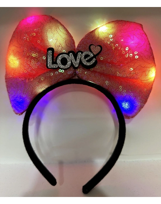 Led Işıklı 3 Farklı Fonksiyonda Yanan Gümüş Love Yazılı Fuşya Pembe Fiyonk Taç 20x17 Cm