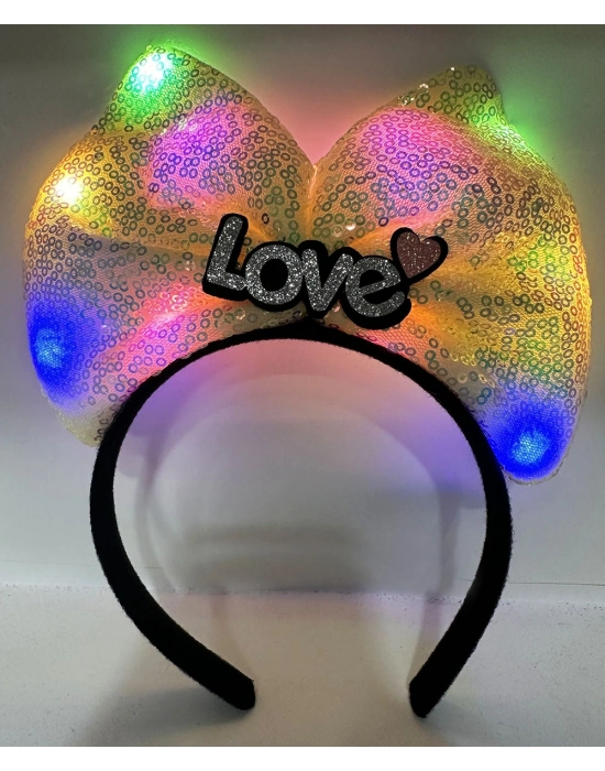 Led Işıklı 3 Farklı Fonksiyonda Yanan Gümüş Love Yazılı Sarı Fiyonk Taç 20x17 Cm