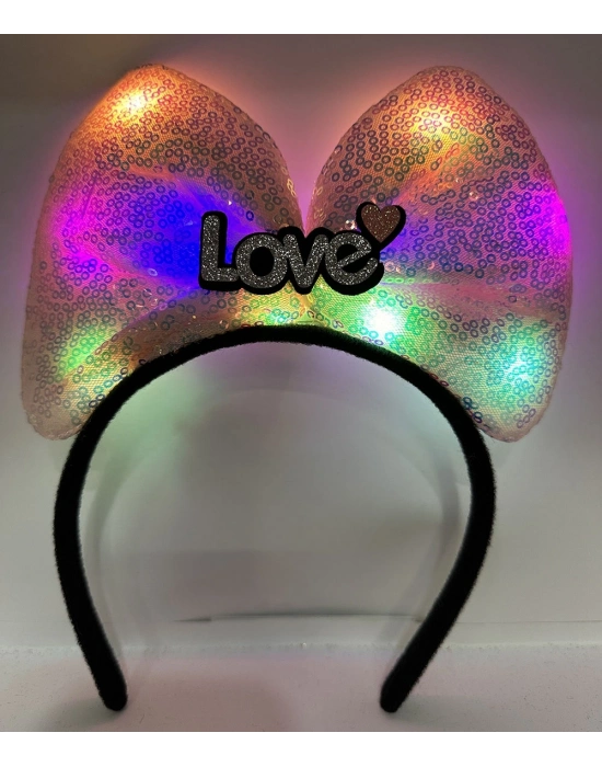 Led Işıklı 3 Farklı Fonksiyonda Yanan Gümüş Love Yazılı Toz Pembe Fiyonk Taç 20x17 Cm