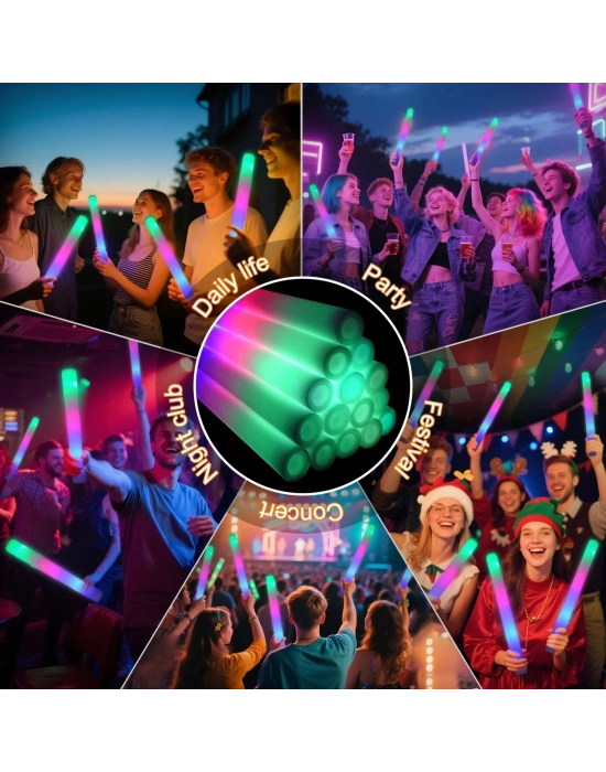 Led Işıklı ( 6 Adet ) 3 Modlu Kauçuk Işıklı Sünger Parti Çubuk Sopa - 46 Cm