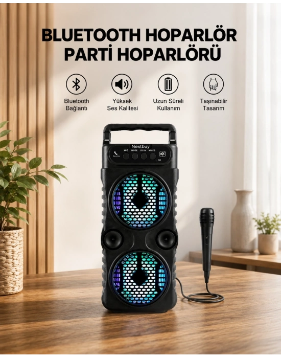 LED Işıklı Bluetoothlu Hoparlör Mikrofonlu Taşınabilir Ses Sistemi