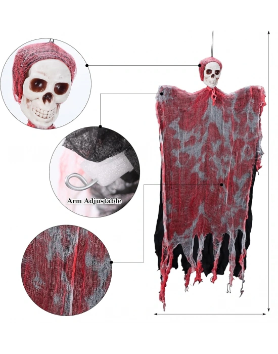 Led Işıklı Kahkaha Atan Sesli Sensörlü Ürpertici Kuru Kafa Kanlı Korku Hayalet Saçaklı Dekor 90x50 Cm