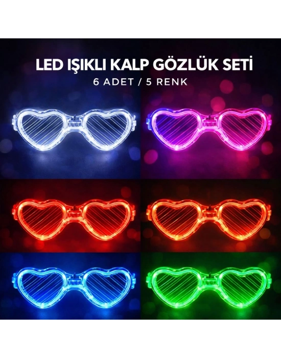 Led Işıklı Kalp Glow Pilli Parti Gözlüğü – 6 Adet / 5 Renk Set