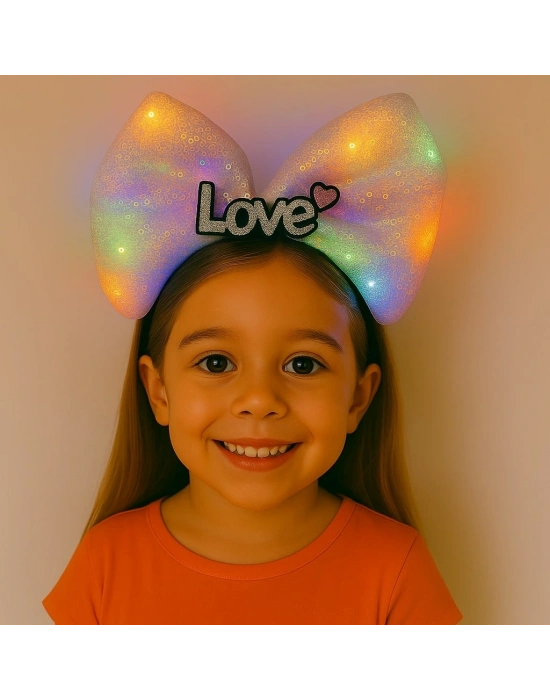 Led Işıklı Love Yazılı Pembe Fiyonk Taç – Kız Çocuk Parti Tacı