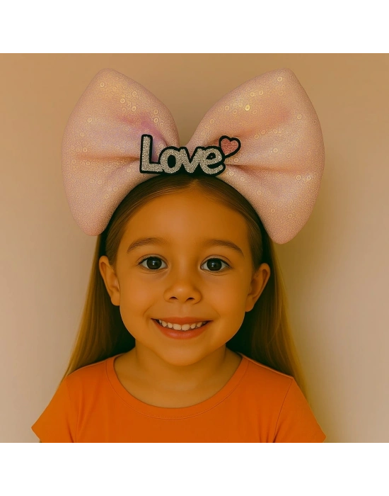 Led Işıklı Love Yazılı Pembe Fiyonk Taç – Kız Çocuk Parti Tacı