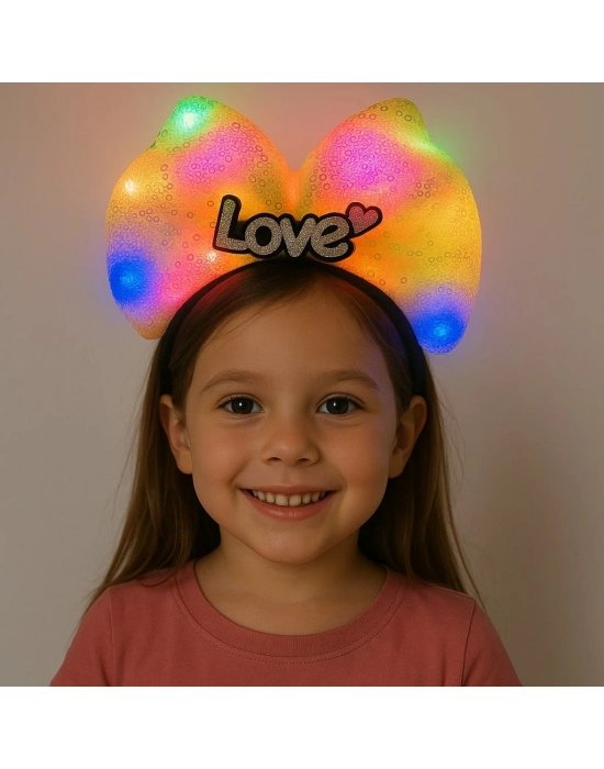 Led Işıklı Love Yazılı Sarı Fiyonk Taç – Kız Çocuk Parti Tacı