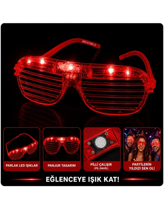 Led Işıklı Panjur Parti Gözlüğü Kırmızı Renk Shutter Gözlük