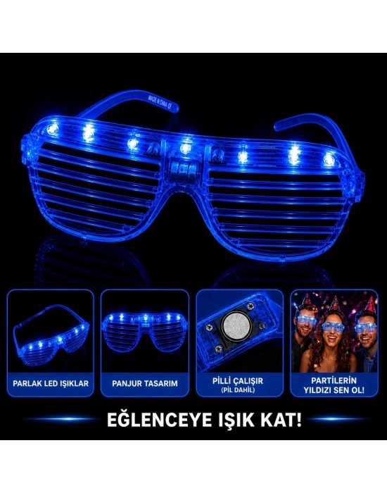 Led Işıklı Panjur Parti Gözlüğü Mavi Renk Shutter Gözlük