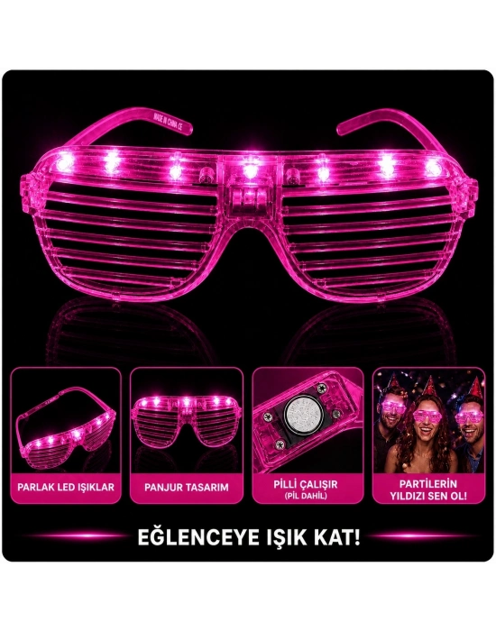 Led Işıklı Panjur Parti Gözlüğü Pembe Renk Shutter Gözlük