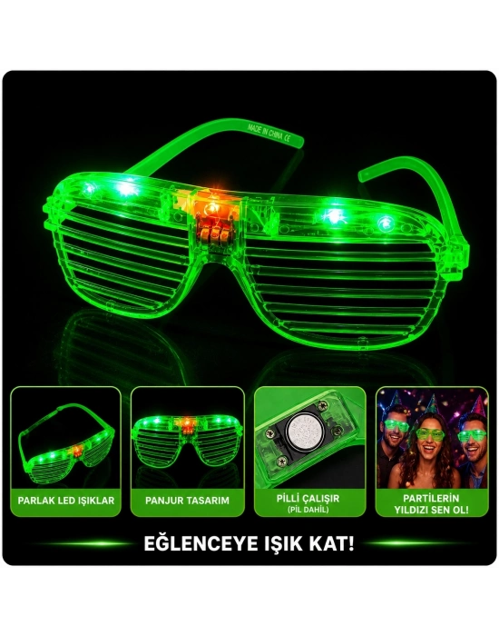 Led Işıklı Panjur Parti Gözlüğü Yeşil Renk Shutter Gözlük