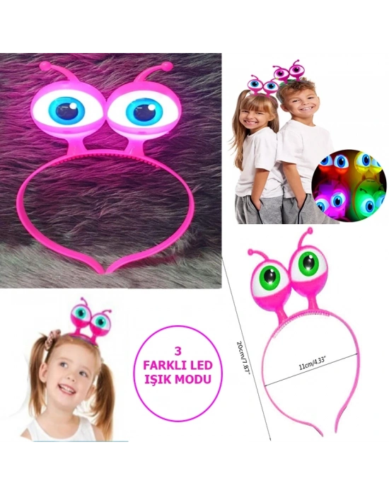 Led Işıklı & Pilli 3 Farklı Modda Yanan Uzaylı Göz Parti Tacı Pembe Renk 18x12 Cm
