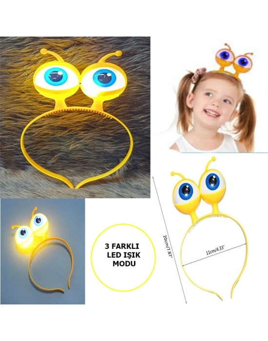 Led Işıklı & Pilli 3 Farklı Modda Yanan Uzaylı Göz Parti Tacı Sarı Renk 18x12 Cm
