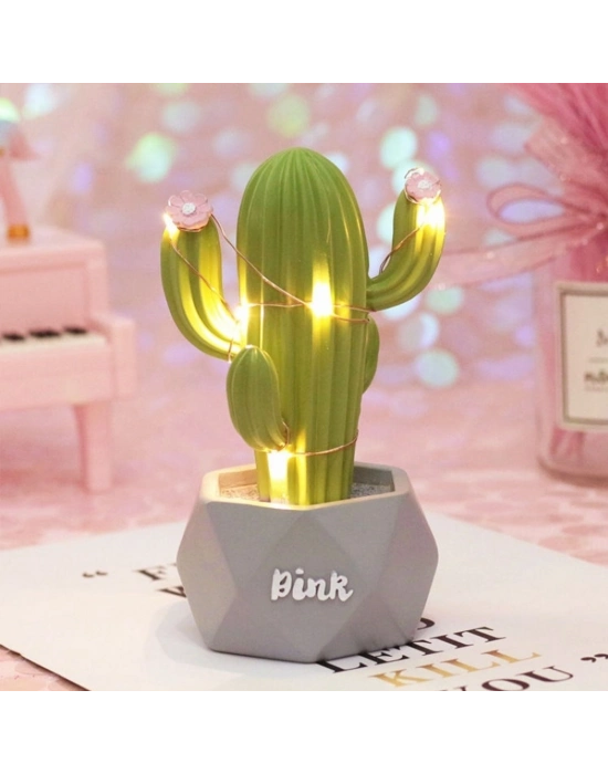 Led Işıklı Sevimli Kaktüs Dekoratif Masa ası Mini Biblo Gece ası Yeşil